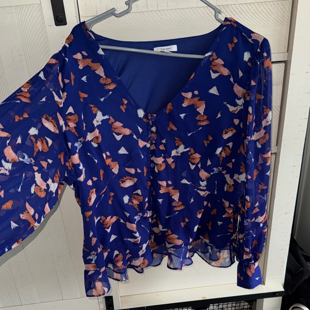Nine West Blue and Orange Floral Blouse